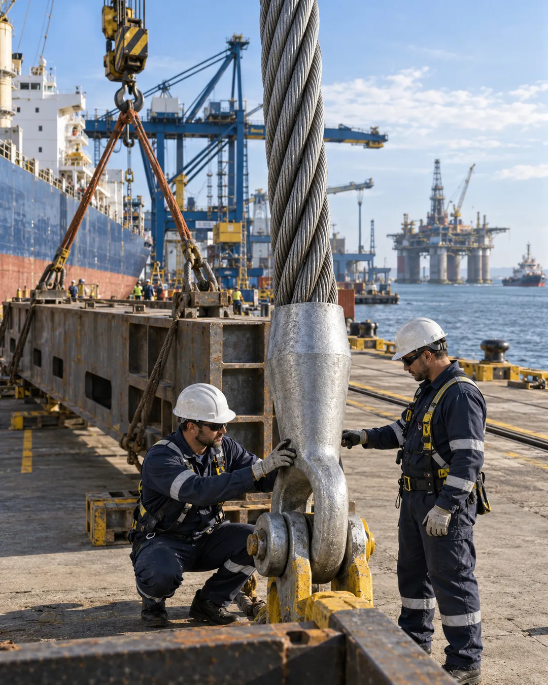tecnici controllano una terminazione wirelock per funi metalliche destinata ad applicazioni industriali, navali, portuali e offshore