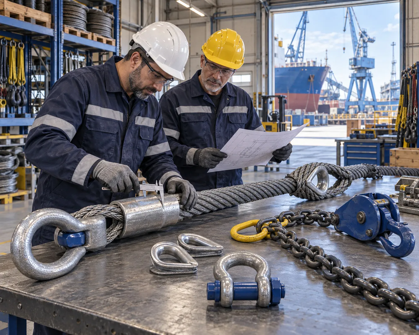 Tecnici Genovese Umberto controllano funi in acciaio, socket e accessori per sistemi professionali di sollevamento industriale e portuale