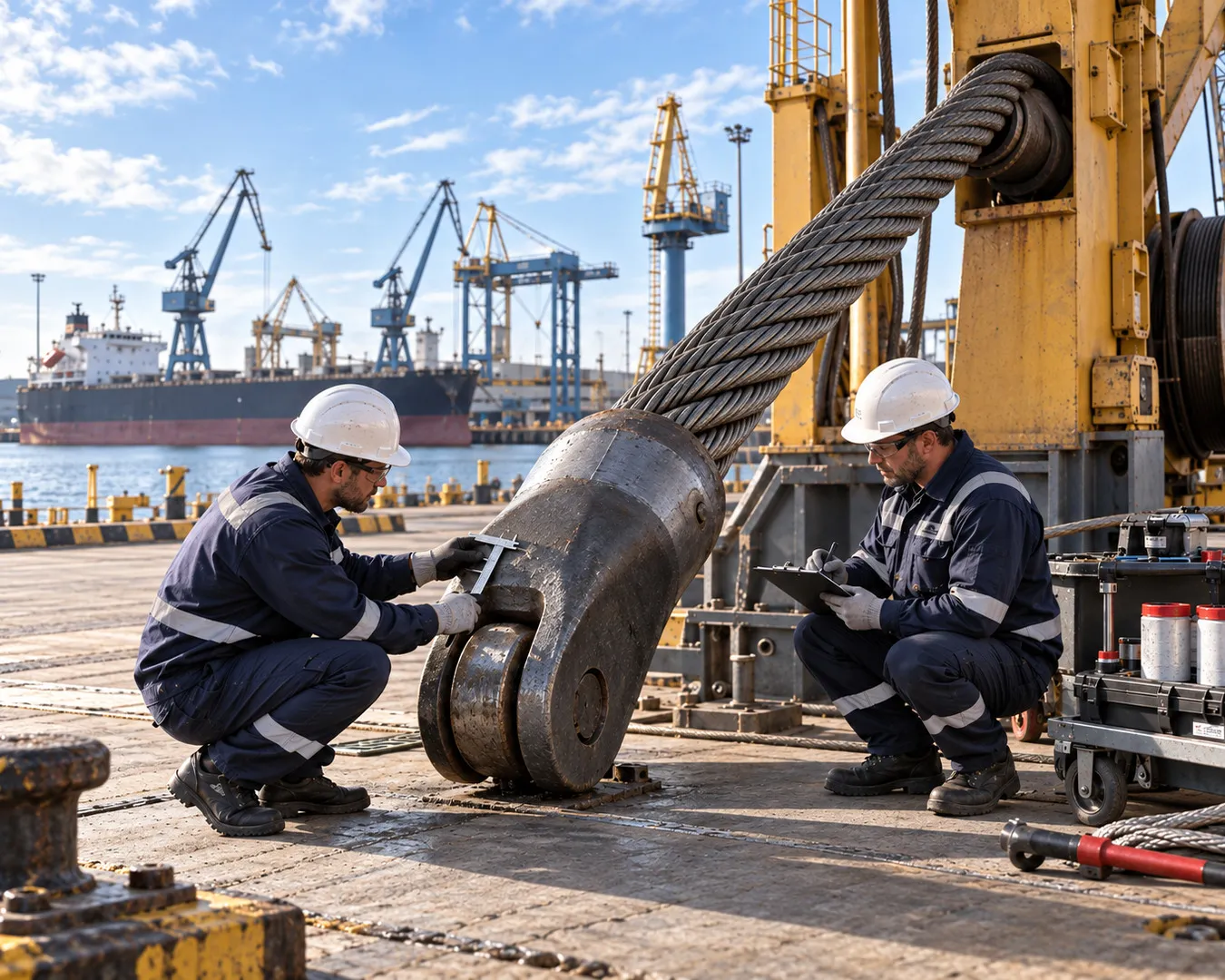 tecnici valutano una grande fune in acciaio e il relativo socket per una lavorazione wirelock on site presso un impianto portuale