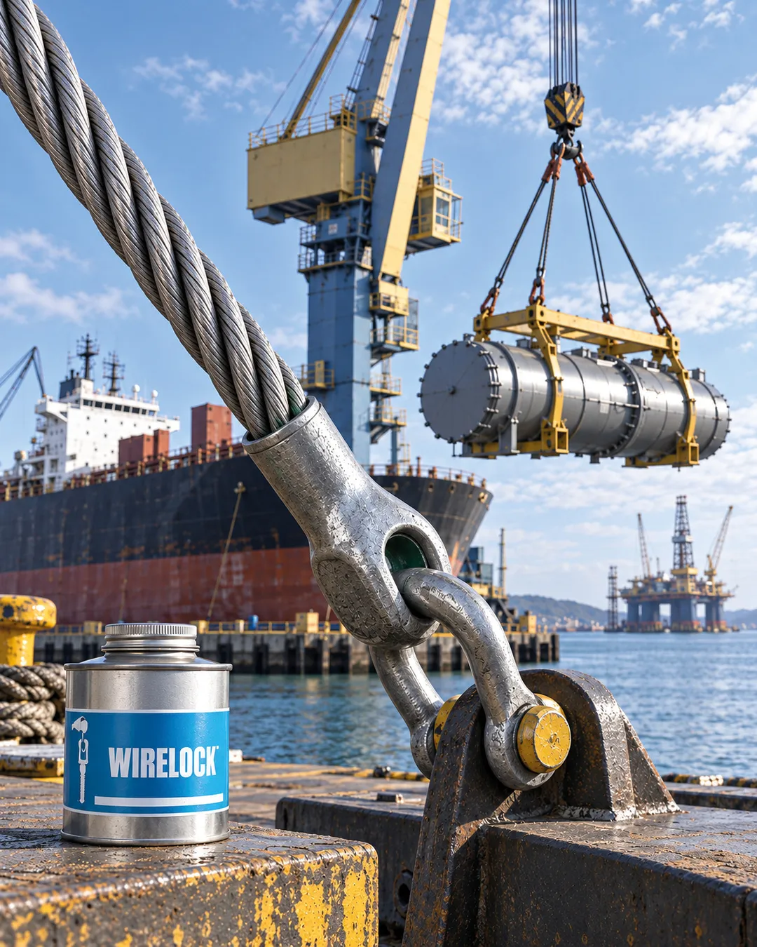 Resinatura WIRELOCK di una fune in acciaio per sollevamento industriale, applicazioni navali, portuali e offshore