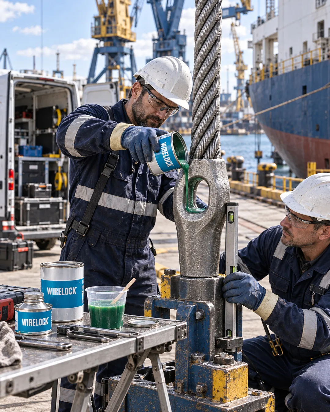 servizi professionali on-site di resinatura wirelock per funi in acciaio eseguiti da Genovese Umberto